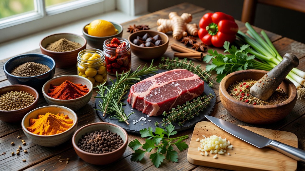 Artisanal food preparation featuring global seasonings and prime ingredients