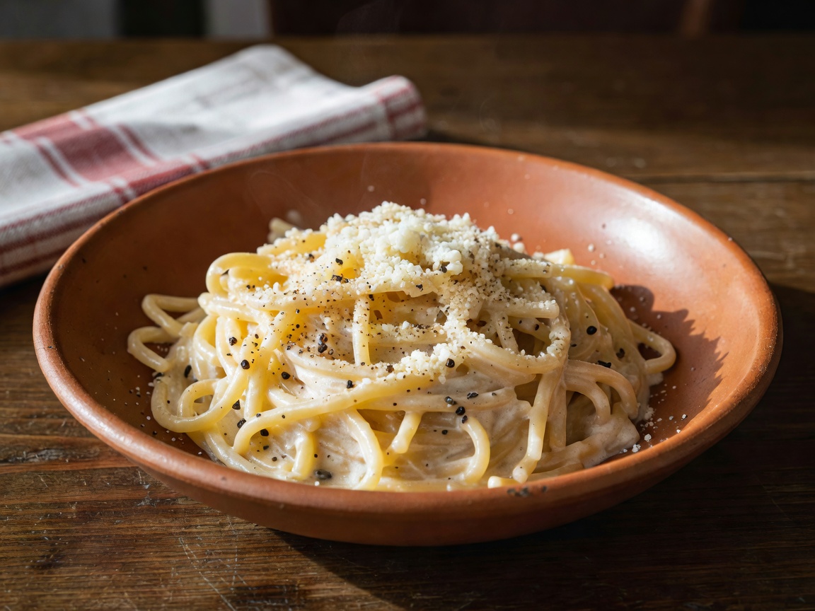 Traditional Roman Cacio e Pepe pasta served in deep bowl