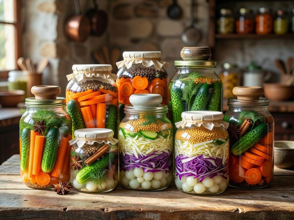 Fermentation jars with vegetables and spices
