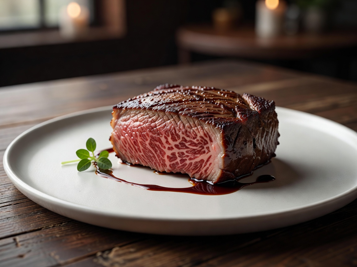 Exquisite seared A5 Miyazaki Wagyu beef slice