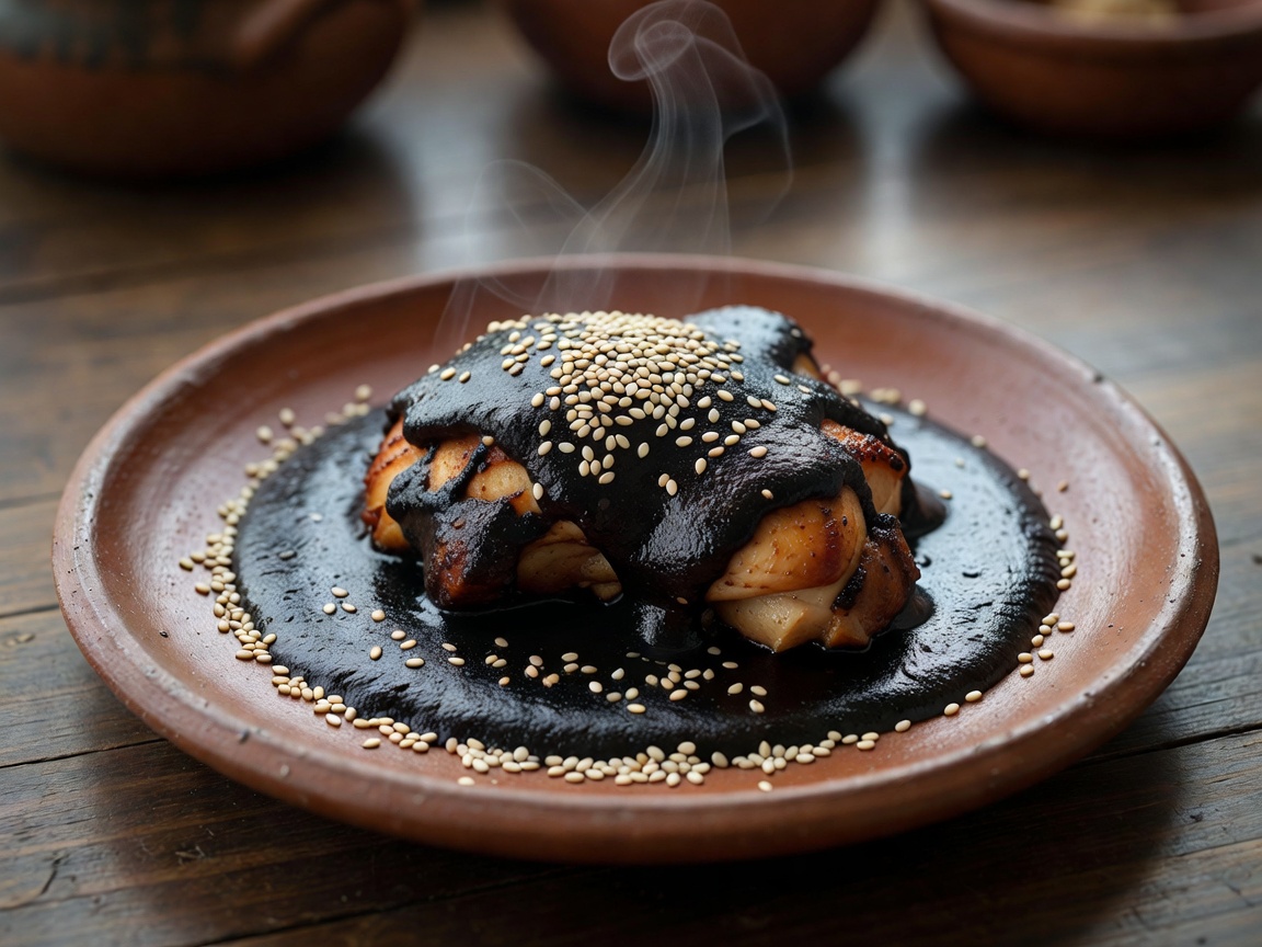 Plated Oaxacan Mole Negro with sesame seeds