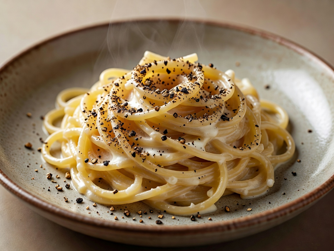 Plated Roman Cacio e Pepe with freshly cracked black pepper